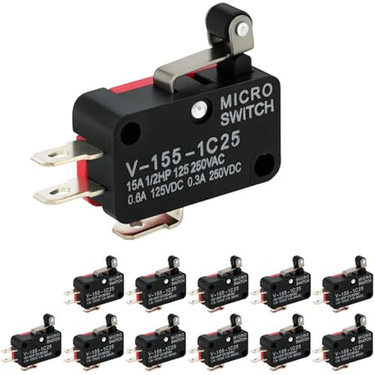 12 Pcs Micro Limit Switch with Short Hinge Roller Lever SPDT 1NO 1NC Microswitch V-155-1C25 - size: Short Hinge Roller Lever (V-155-1C25)