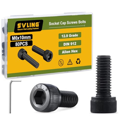 M6-1.0 x 10mm Bolt, 80PCS M6 Hex Socket Head Cap Screws Bolts, 12.9 Grade Alloy Steel, Full Threads, Allen Socket Drive, with Hex Spanner - size: M6x10mm