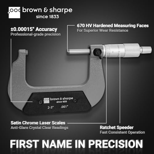 Brown & Sharpe 2-3" Outside Micrometer, 0.001" Graduation, Carbide Faces - size: 2-3 Inch