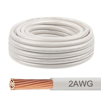 THHN Wire 2 Gauge 25 FT, 2 AWG Stranded OFC Copper Electrical Building Wire with Nylon Jacket PVC Insulation, Rated 600V for Residential, Industrial, CNC, Ground (2 Gauge, White) - color: White, size: 2AWG 25FT