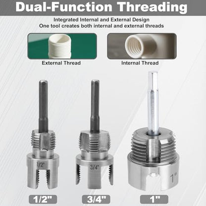 3 Pcs Pipe Threading Tool, Dual-Function Integrated Internal & External Thread Cutter PVC Threader Cutting Kit for 1/2" 3/4" & 1" PVC/Plastic Pipe Compatible with Electric Drills - style: Style 1
