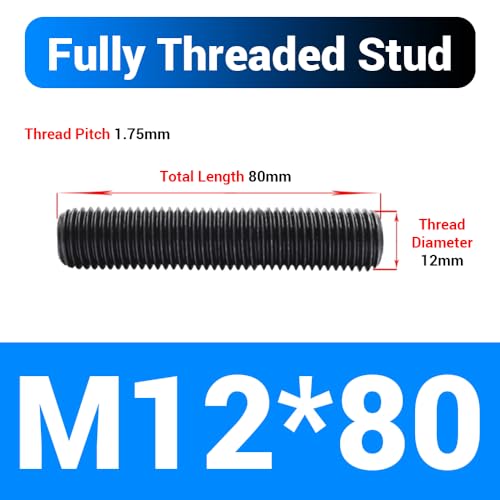 10pcs M12*80mm Fully Threaded Stud, Grade 10.9 Carbon Steel Black Oxide Finish Long Threaded Rod Bar for Furniture Industrial Maintenance Connection Fasteners - size: M12*80-10PCS