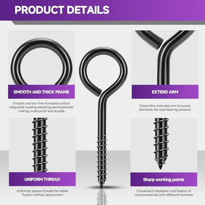5.2 inch Eye Bolts - 10 Pcs Eyes Hooks Screw Heavy Duty 500 lbs Breaking Strength Black Rust-Resistant, Self Tapping Eyelet Screw for Wood Securing, Hammock Stand, Indoor & Outdoor Use - size: 5.2" 10Pcs