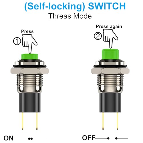 Push Button Switch, Self Locking Mini Switches Latching 10mm Round DC24V 0.5A Green Cap 5PCS - style: Green