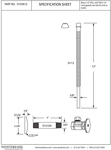 Westbrass D103K12-26 1/2" IPS x 3/8" OD x 12" Corrugated Riser Supply Line Kit with Round Handle Angle Supply Shut Off Valve for Faucet and Toilet, Polished Chrome - color: Polished Chrome