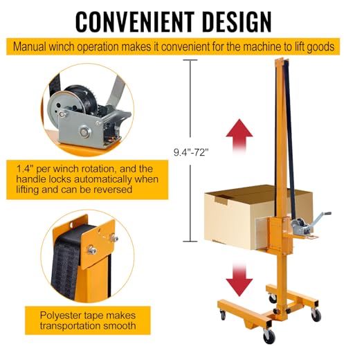 Material Lift Winch Stacker, 330 Lbs Capacity, 72" Max Height Adjustment, Hand Winch Lift Truck, Steel Portable Load Lifter for Workshop, Warehouse,Cabinet Lift