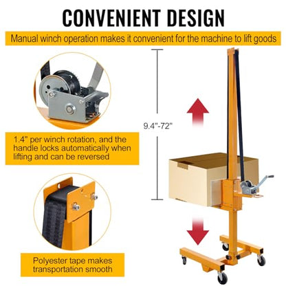 Material Lift Winch Stacker, 330 Lbs Capacity, 72" Max Height Adjustment, Hand Winch Lift Truck, Steel Portable Load Lifter for Workshop, Warehouse,Cabinet Lift