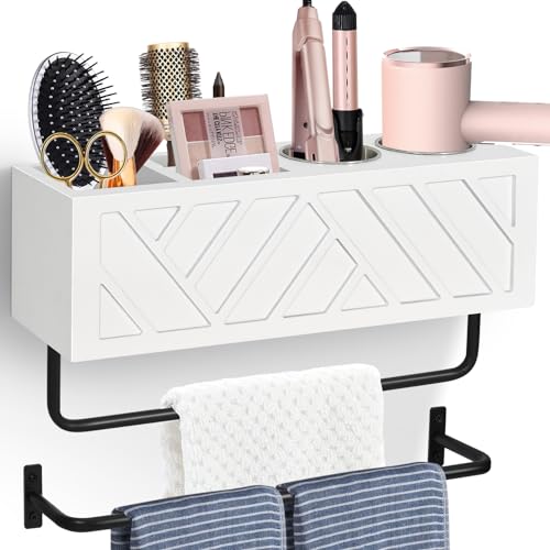 Hair Tool Organizer Wall Mount, Hair Dryer Holder with 2 Towel Bars, Wood Hot Tools Organizer, Rustic Bathroom Organizer Blow Dryer Holder for Bathroom Decor, Flat Iron, Curling Wand, Brushes(White) - color: White-2 Towel Bars