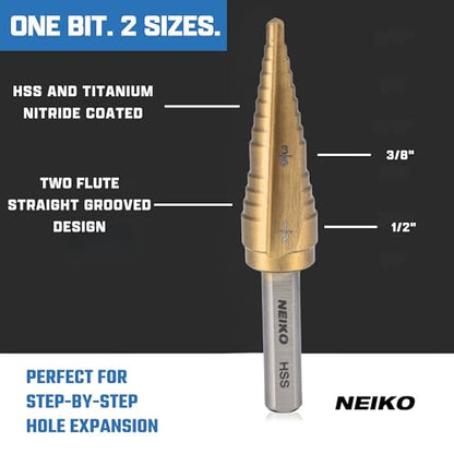 NEIKO 10614A Step Drill Bit, 2 Steps 3/8" to 1/2" Straight High Speed Steel, Titanium Nitride Coated, 1/4" Tri Flat Step Bits for Steel, Metal, Wood, Plastic, Unibit Cone Drill Bits, Two Flute - size: #6 (3/8 - 1/2", 2S), style: Straight