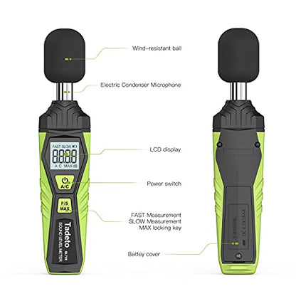 Decibel Meter, Tadeto Digital Sound Level Meter Portable SPL Meter 30dB to 130dB MAX Data Hold with LCD Display Backlight A/C Weighted for Home Factories - color: Green