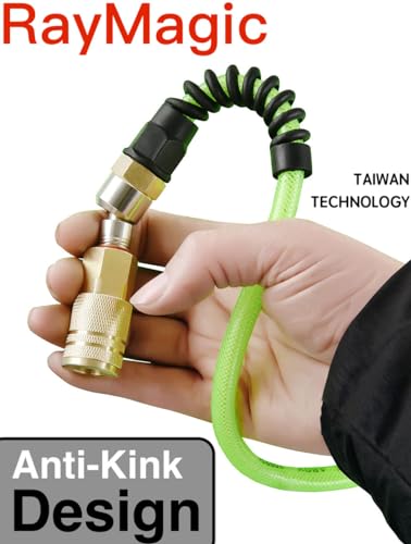 RayMagic Air Compressor Hose 1/4 Inch x 100 Feet Flexible Reinforced Polyurethane (PU) Air Hose 300PSI With Brass Fittings, Strain Reliefs, 1/4" 360 Swivel Coupler and Plug,1PCS Safety Coupler - color: Green