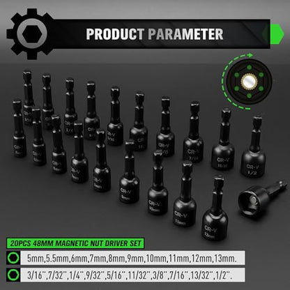 20-Piece Magnetic Nut Driver Set, Metric & SAE 1/4" Hex Shank, Drill Socket Set, Impact Driver Bit Set, Magnetic Bit Holder with Aluminum Alloy Snap Clip, Quick Change Tool - color: 20pcs 48mm Black