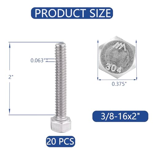 3/8-16x2 Hex Head Screw Bolt(20 PCS), Lock Nuts,Flat & Lock Washers Kits, 304 Stainless Steel 18-8,Fully Threaded. - size: 3/8-16 x 2"