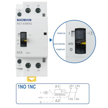 BAOMAIN 24V 2-Pole 63A Manual/Auto AC Contactor, 2NC, DIN Rail Mount