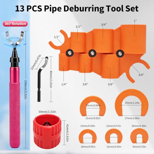 13 PCS Pipe Deburring Tool Set, Removal Tools Set for Fittings, Deburring Tool with 5 High Speed Steel Blades,Inner Outer Reamer Pipe Tubing Chamfer Tool for PVC PEX Copper Aluminum Pipes
