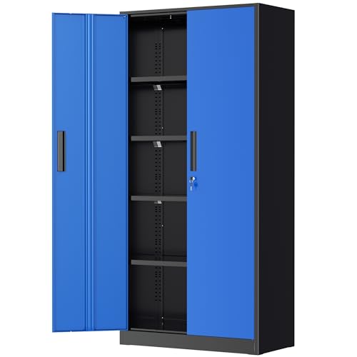 Greenvelly Metal Garage Storage Cabinet, 72" Tall Steel Storage Cabinets with 2 Doors and 4 Adjustable Shelves, Metal Tool Cabinets, Locking File Cabinet for Home Office, Garage, School (Black Blue) - color: Black Blue, style: 72"H