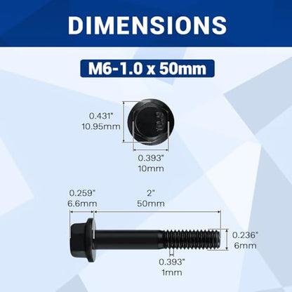 12-Sets M6-1.0 x 50mm Grade 10.9 Flange Hex Bolts + Flange Nut + Flat Washer + Lock Washer Combo Pack, Black Oxide, for Automotive & Machinery - size: M6-1.0 x 50mm