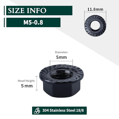 M5-0.8 Hex Head Serrated Flange Nuts, 304 Stainless Steel 18-8 Hexagon Head Flange Nuts for Home Automotive DIYer, Black Oxide Finish, Hex Drive, 50 PCS - size: M5-0.8