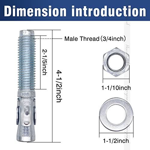3/4 Concrete Anchors, 3/4 Wedge Anchors Bolts, 4-1/2" L, 10 Pcs - size: 3/4" x 4-1/2"