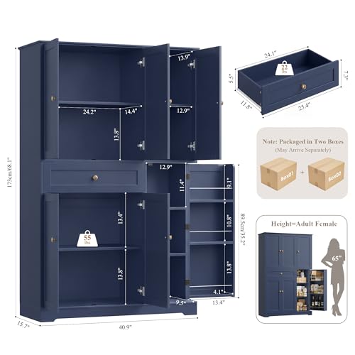 HOSTACK 68"H Kitchen Pantry Storage Cabinet with Doors & Shelves, Navy Blue - color: Navy Blue