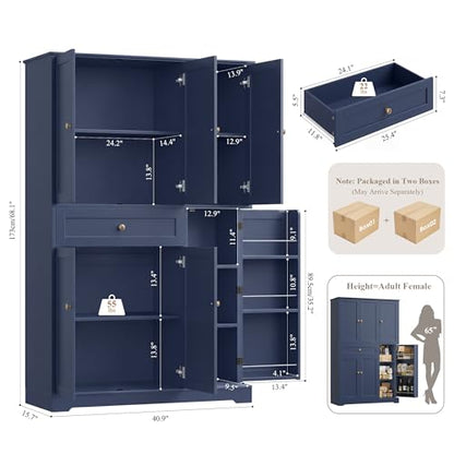 HOSTACK 68"H Kitchen Pantry Storage Cabinet with Doors & Shelves, Navy Blue - color: Navy Blue