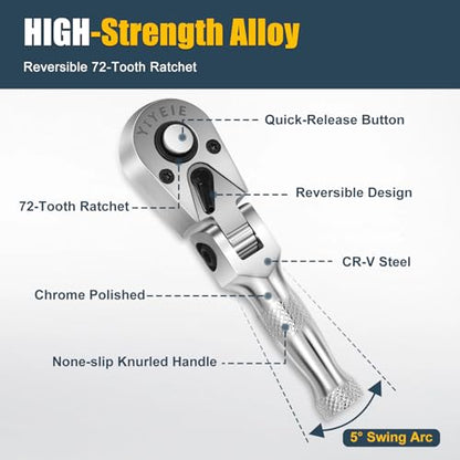 YIYEIE Stubby Flex Head Ratchet Set, 6PCS Stubby Ratchet Set 1/4 3/8 1/2 inch with 3 Extension Bars, 72 Tooth Reversible & Quick-Release, 180° Swivel Head Mini Handle with EVA Foam - size: 1/4", 3/8", 1/2" Drive, style: Stubby Ratchet Set