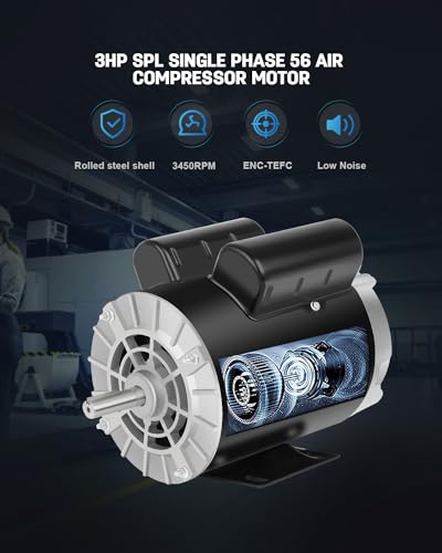 Air Compressor Motor 3HP SPL 3450 RPM 115/230V Single Phase ODP - size: 3 HP SPL 5/8 Keyed Shaft, style: air compressor motor