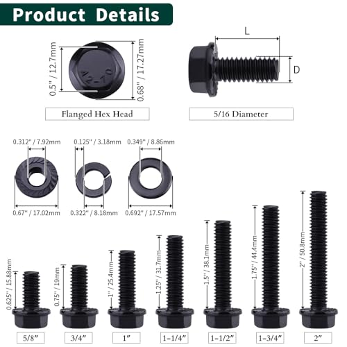 12-Sets 5/16-18 x 1-1/2" Hex Flange Bolts & Flange Nuts Combo Kit with Flat and Lock Washers- 304 Stainless Steel 18/8, Black Coated, for Heavy Duty Applications - size: 5/16-18 x 1-1/2"