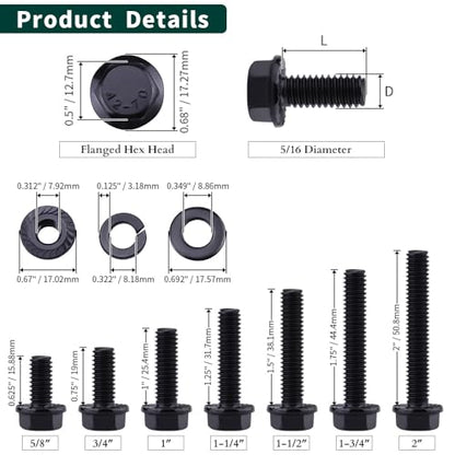 12-Sets 5/16-18 x 1-1/2" Hex Flange Bolts & Flange Nuts Combo Kit with Flat and Lock Washers- 304 Stainless Steel 18/8, Black Coated, for Heavy Duty Applications - size: 5/16-18 x 1-1/2"