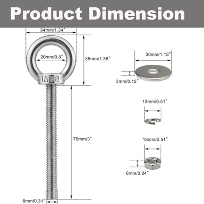 M8 x 76mm Stainless Eye Bolt with Nuts 4 Pack, 5/16" x 3 inch Long Shoulder Lifting Ring Eye Bolt for Boat & Hanging, Heavy Duty Marine Grade Threaded Eyebolts for Swing Tie Down Outdoor - size: M8x76mm (5/16"x3")