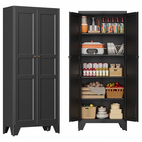 72" Tall Kitchen Cabinet Storage Unit With 2 Doors and 4 Adjustable Shelve, Metal Black Freestanding Cupboard, 5 Tier Kitchen Pantry Storage Cabinet for Kitchen Dining/Living Room/Garage/Home/Office - color: Black, size: 72"H x 34"W x 18"D-A