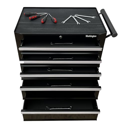 Workington Professional Industrial Rolling Metal Tool Chest with 5 Drawers, 26" 5-Drawer Tool Chest Cabinet with Ball Bearing Drawer Slides, Steel Tool Storage Box Organizer 4102 Black