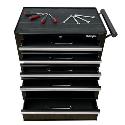 Workington Professional Industrial Rolling Metal Tool Chest with 5 Drawers, 26" 5-Drawer Tool Chest Cabinet with Ball Bearing Drawer Slides, Steel Tool Storage Box Organizer 4102 Black