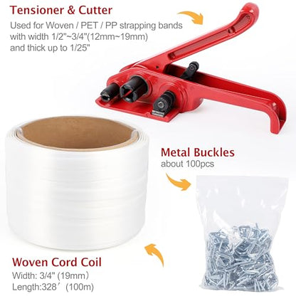 UpJiaFlarish Woven Cord Banding Strapping Kit - Pallet Strapping Kit Including Tensioner, Woven Cord Roll-3/4 Inch*328 Feet, 100pcs Steel Buckles, Reusable and Flexable Packaging