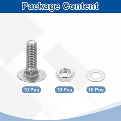 uxcell 10 Set Carriage Bolts and Nuts Kit, M6-1.0x20 Stainless Steel 304 Round Head Square Neck Carriage Bolts Screws and Hex Nuts and Flat Washers - Silver - size: M6-1.0x20mm