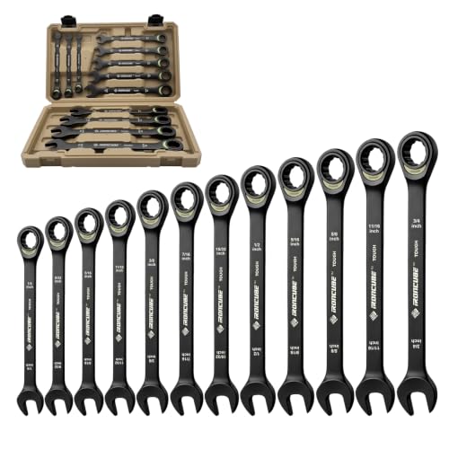 ironcube 12-Piece Ratcheting Wrench Set: SAE 1/4" to 3/4" - 72-Tooth - Tough Black - Chrome Vanadium Steel - with Organizer - size: 12 Piece SAE