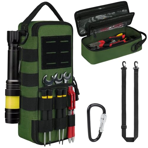Heavy Duty Small Tool Bags for Men with Carabiner,Tactical Tool Pouch Bag,Portable Utility Tools Storage Organizer Case with Shoulder Strap for EDC,Motorcycle,Camping,Road Trip,Electricians,Green - color: Black + Army Green