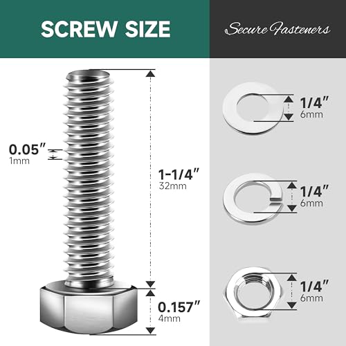 1/4-20 x 1-1/4" Hex Head Bolts Screws with Nuts, Flat & Lock Washers, 304 Stainless Steel Bolts and Nuts External Hex Drive Full Threaded 1/4 Bolt (10Sets) - color: Silver, size: 1/4 x 1-1/4"