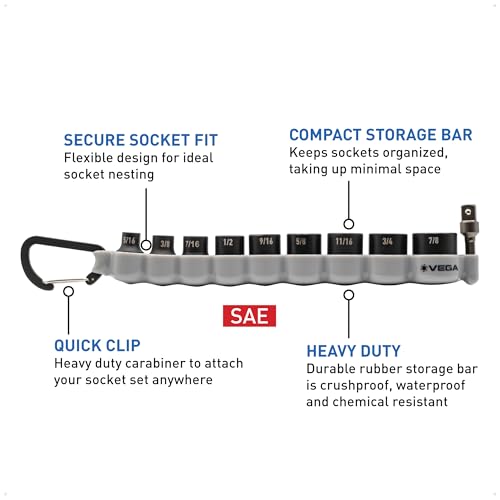 VEGA 3/8 Socket Set SAE - Mechanics Tool Set Impact Grade Socket and Socket Adapter. Includes Holder and Carabiner (10pc) - style: SAE