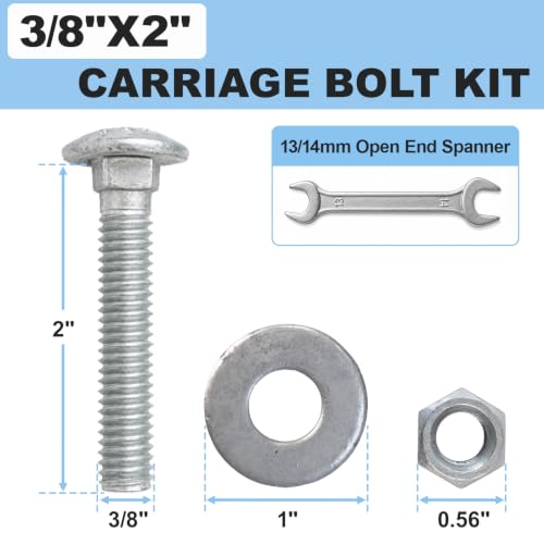 3/8" x 2" Carriage Bolt Kit 50 Pack, Grade 307A, Hot Dip Galvanized Carriage Bolt Set, Rust Resistance, Includes Hex Nuts & Flat Washers - size: 3/8 x 2