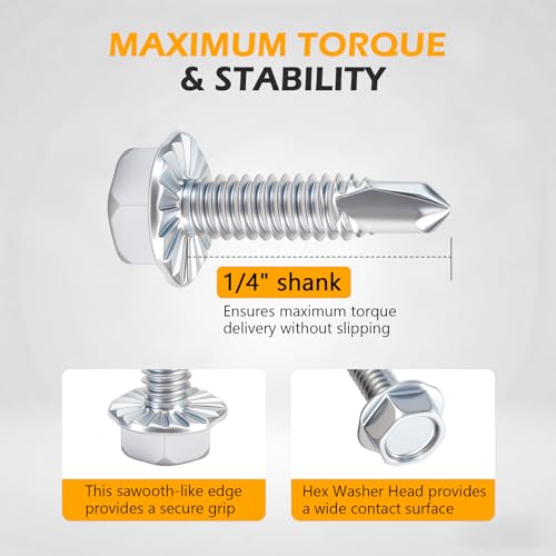 1/4" x 1" Hex Washer Head Self-Drilling Screws (100 PCS), Grade 8.8 Heat Treated Carbon Steel, Zinc Plated Self Tapping Screws, Industrial Strength Metal Fasteners - color: Silvery, size: Self-Drilling 100 pcs