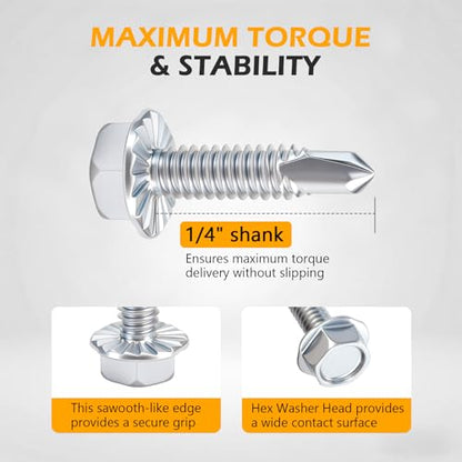 1/4" x 1" Hex Washer Head Self-Drilling Screws (100 PCS), Grade 8.8 Heat Treated Carbon Steel, Zinc Plated Self Tapping Screws, Industrial Strength Metal Fasteners - color: Silvery, size: Self-Drilling 100 pcs