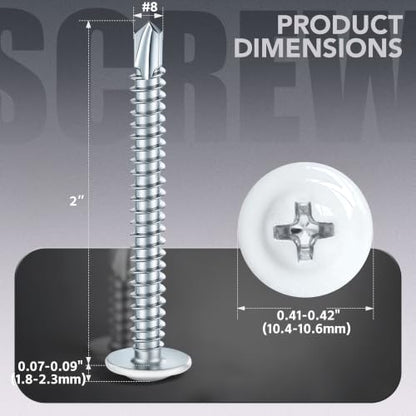 100 PCS #8 x 2 Sheet Metal Screws, Phillips Modified Truss Head Self Drilling Screws, Zinc-Plated, White Head Self Tapping Screws for Metal, Wood, Plastic, Double-Ended Bit Included - color: White, size: #8 x 2"