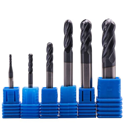 6Pcs 1/16"-3/8" 4 Flute Solid Carbide Ball Nose End Mills Set, AlTiN Coated