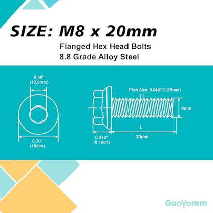 M8 x 20mm 20pcs Flanged Hex Head Bolts, M8 x 1.25 Bolts, Flange Hexagon Head Screws, 8.8 Grade Alloy Steel, Yellow Zinc Plated, Metric Fully Thread - size: M8 x 20mm(20PCS)