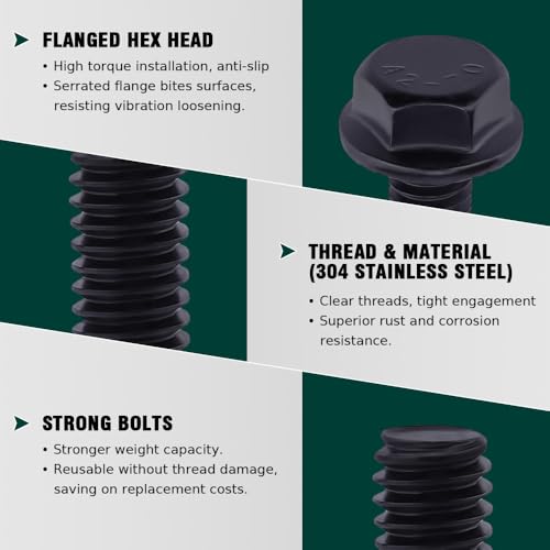 12-Sets 5/16-18 x 1-1/2" Hex Flange Bolts & Flange Nuts Combo Kit with Flat and Lock Washers- 304 Stainless Steel 18/8, Black Coated, for Heavy Duty Applications - size: 5/16-18 x 1-1/2"