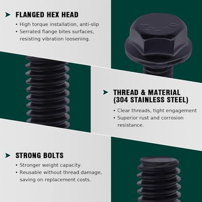 12-Sets 5/16-18 x 1-1/2" Hex Flange Bolts & Flange Nuts Combo Kit with Flat and Lock Washers- 304 Stainless Steel 18/8, Black Coated, for Heavy Duty Applications - size: 5/16-18 x 1-1/2"
