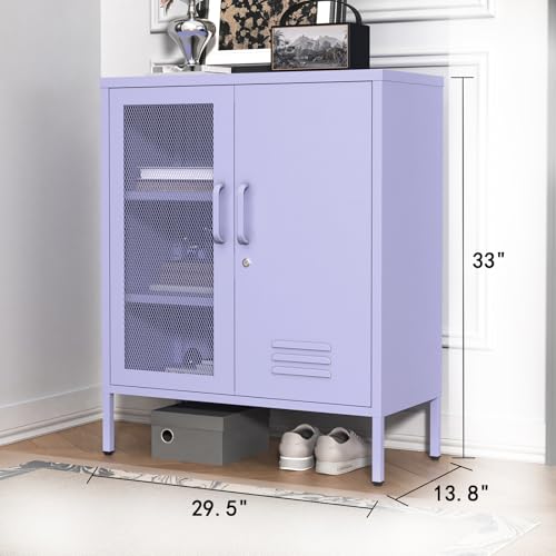 Purple Lockable Mesh & Metal Door Storage Cabinet, 3-Tier Heavy Duty Steel Locker with 2 Adjustable Shelves, Accent Cabinet for Living Room, Home Office, 33" H x 29.5" W x 13.8" D - color: Lilac, style: Cabinet-33"H-SW