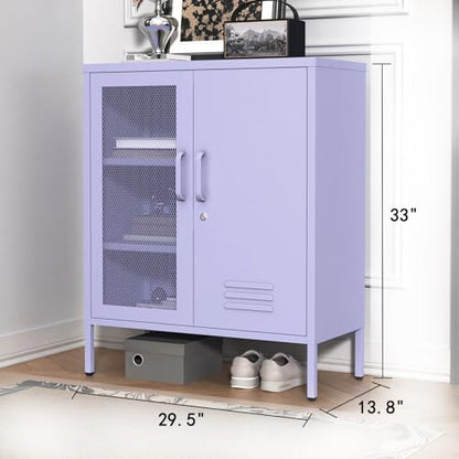 Purple Lockable Mesh & Metal Door Storage Cabinet, 3-Tier Heavy Duty Steel Locker with 2 Adjustable Shelves, Accent Cabinet for Living Room, Home Office, 33" H x 29.5" W x 13.8" D - color: Lilac, style: Cabinet-33"H-SW