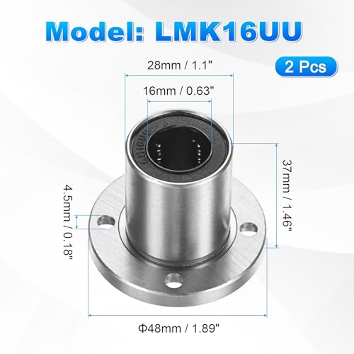 PATIKIL LMK16UU Linear Ball Bearings 16mm Bore Dia 28mm OD 37mm Long 4.5mm Hole, 2Pcs Round Flange Linear Motion Bushing Double Side Rubber Sealed Rod Liner Shaft for Machine 3D Printer - size: 16mm
